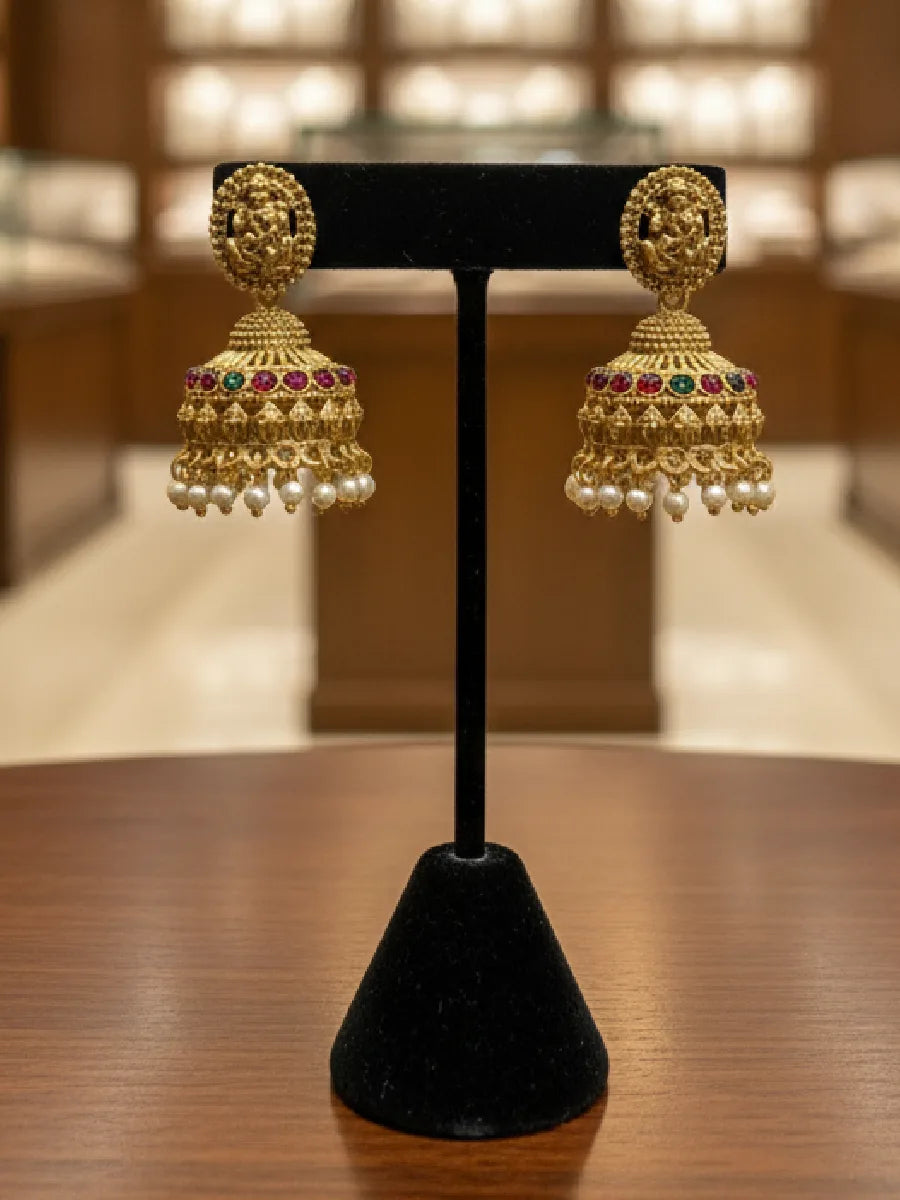 Golden Antique Jhumka Earrings Main View
