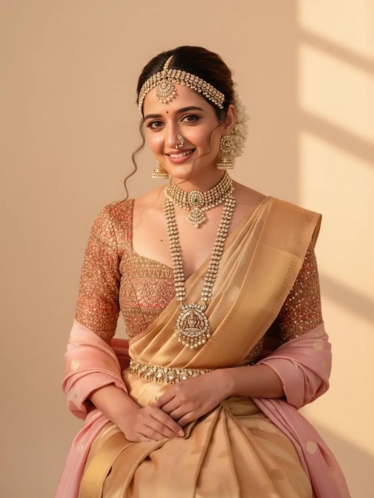 Woman in traditional attire with jewelry against a beige background