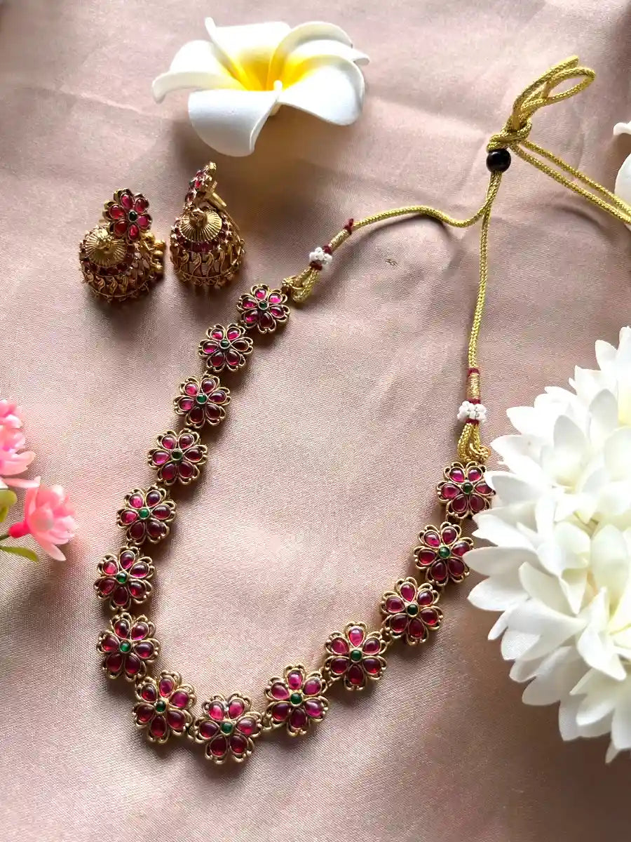 Maroon_Floral_Stone_Necklace_Set Main View