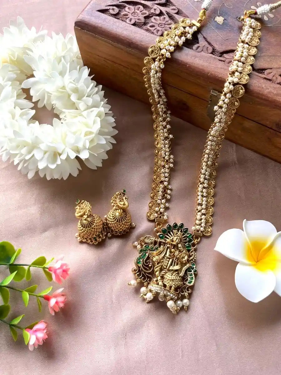 Radhakrishna Pearl Coin Necklace with Matching Jhumkas Top View