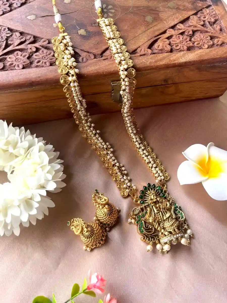 Radhakrishna_Pearl_Coin_Necklace_with_Matching_Jhumkas Full View
